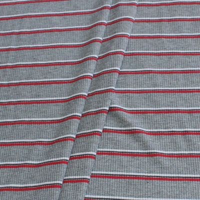 Grey Ribbed Polyester Jersey Dress Fabric - Narrow Red White Black Stripes