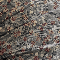 Grey with Pink Florals and Gold Stretch Polyester Velvet