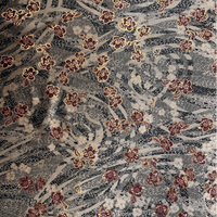 Grey with Pink Florals and Gold Stretch Polyester Velvet