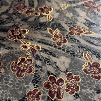 Grey with Pink Florals and Gold Stretch Polyester Velvet