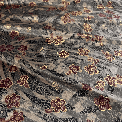 Grey with Pink Florals and Gold Stretch Polyester Velvet