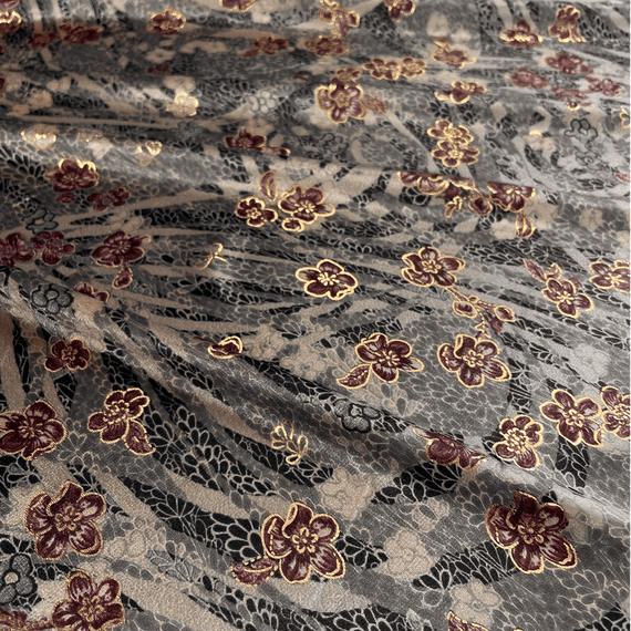 Grey with Pink Florals and Gold Stretch Polyester Velvet
