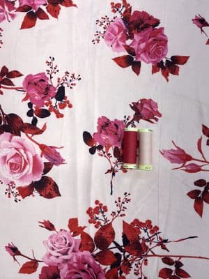 HOT PINK ROSES ON CANDY PINK: Satin Dressmaking Polyester Fabric