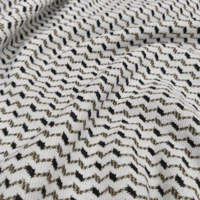 Jersey Polyester Dress Fabric - White With Black and Gold Zig Zag