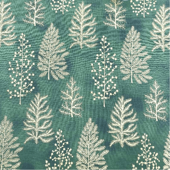 John Louden Fabric Collection - Cotton - Christmas Trees - By The Metre - Gold Trees on Green