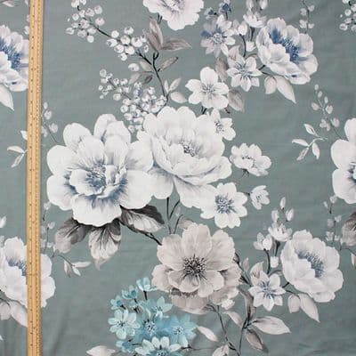 Large White Flowers on Grey- Printed Velvet - Curtains Soft Furnishing Fabric