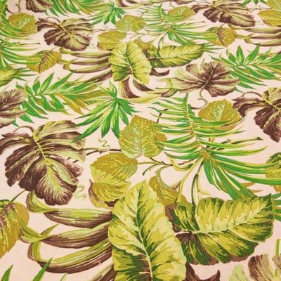 Leaves Various - Linen Curtain and Soft Furnishings Fabric - Green on Natural