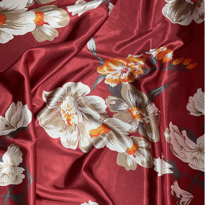 LIGHT PEONY ON DEEP RED: Satin Dressmaking Polyester Fabric