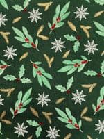 Mistletoe Holly Snowflake Dark Green - 100% Cotton Printed Christmas Fabric