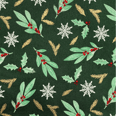 Mistletoe Holly Snowflake Dark Green - 100% Cotton Printed Christmas Fabric