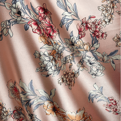 MULTI FLOWERS ON BABY PINK : Satin Dressmaking Polyester Fabric