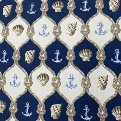 Navy Anchor & Shells Beige - Water Resistant - Outdoor Furnishing Fabric
