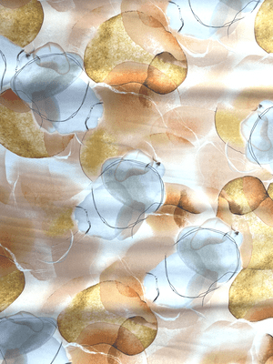 ORANGE, WHITE & GREY CIRCLES: Satin Dressmaking Polyester Fabric