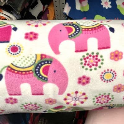 Pink Elephants on White Fleece