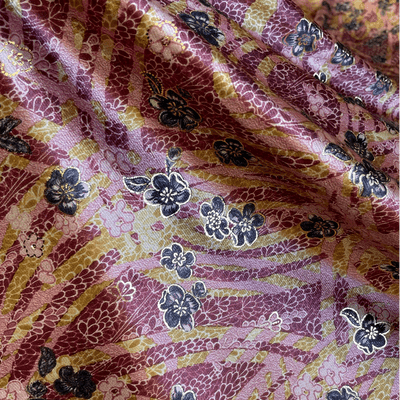 Pink Floral and Gold Stretch Polyester Velvet