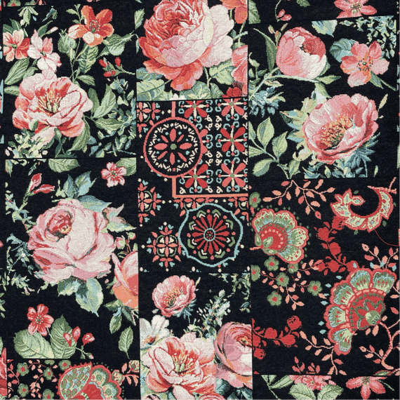Pink Florals on Black - Cotton Mix Tapestry Fabric