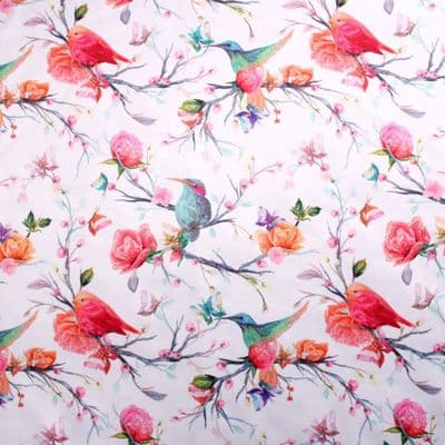 Polycotton Sateen Curtain Dress Fabric -  Hummingbirds on White