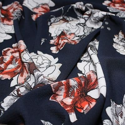 Polyester Bubble Crepe Dress Fabric - Large White Flowers on Dark Blue