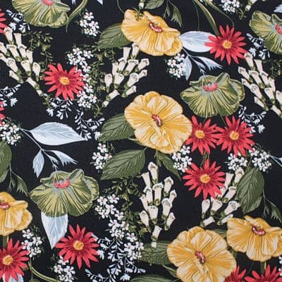 Polyester Bubble Crepe Dress Fabric -  Multi-coloured Flowers On Black
