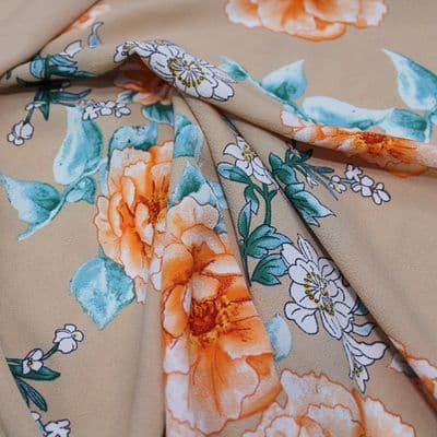 Polyester Bubble Crepe Dress Fabric - Orange & Blue Flowers On Tan