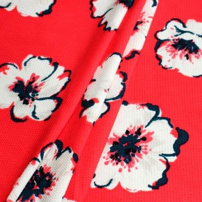 Polyester Bubble Stretch Jersey - White Flowers On Red