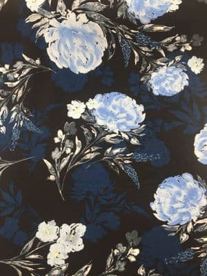 Polyester Dress Fabric - Blue Flowers on Black Crepe