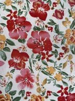 Polyester Dress Fabric -  Coral and Orange Hibiscus Flowers on Cream
