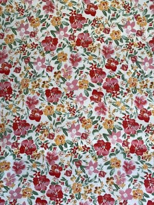 Polyester Dress Fabric -  Coral and Orange Hibiscus Flowers on Cream