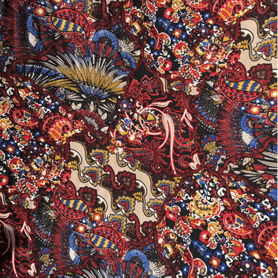Polyester Dress Fabric Paisley Print, Red, Black, Yellow, Blue