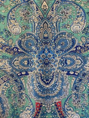 Polyester Dress Fabric - Pink and Royal Blue Paisley on Jade Green