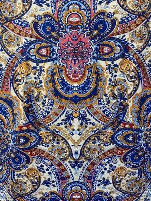 Polyester Dress Fabric - Royal Blue and Yellow Gold Paisley on Cream