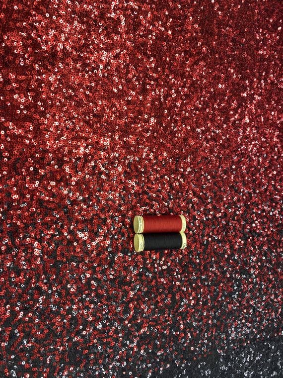 Polyester Mesh Sequin Dress Fabric- Red/Black Gradient