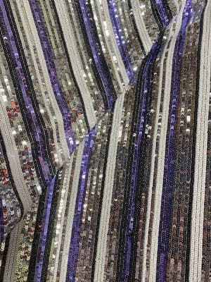 Polyester Mesh Sequin Dress Fabric - Silver & Navy Stripes