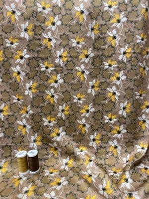 Polyester Satin Dress Fabric - MARIGOLD & IVORY FLOWERS ON CARAMEL TAN