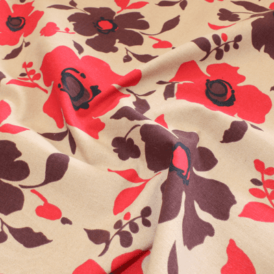 Poppies - Curtains Soft Furnishings Cotton Canvas  Fabric - Red & Brown