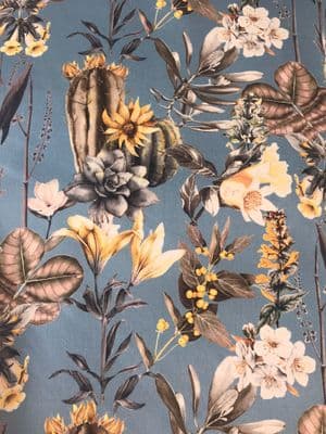 Printed  Velvet: Cactus and Flowers on Blue
