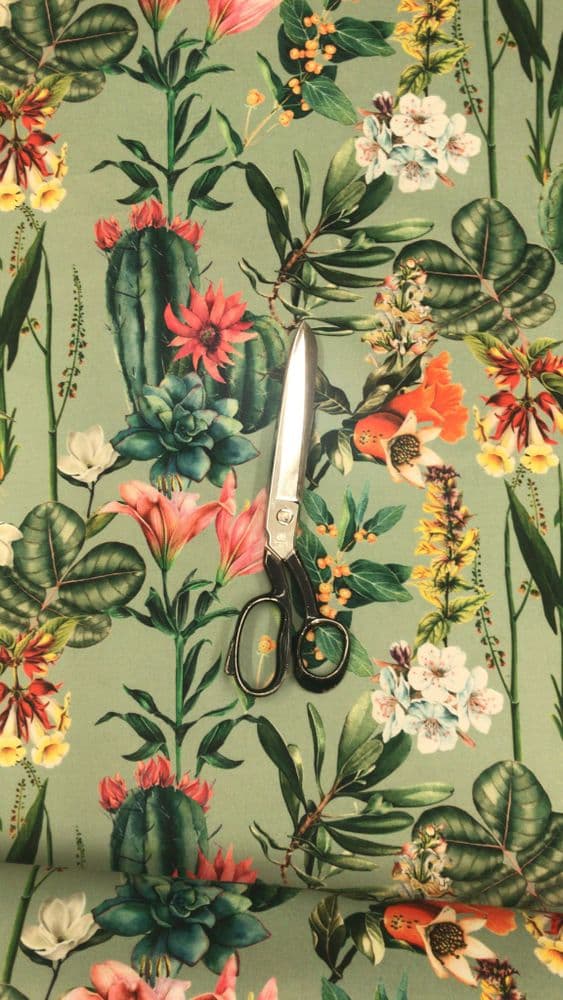 Printed Velvet Cactus and Flowers on Green