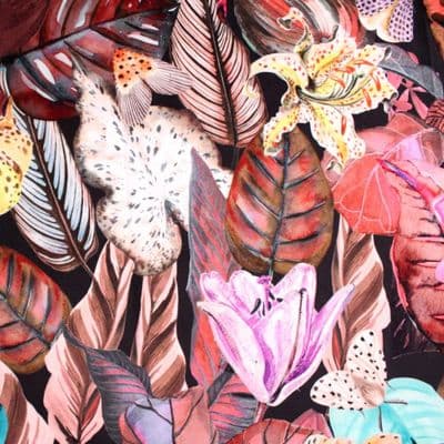 Printed Velvet - Curtains Soft Furnishing Fabric - Costa Rica Flowers Red on Black