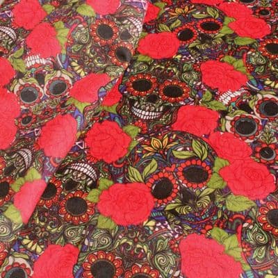 Printed Velvet - Curtains Soft Furnishing Fabric - Mexican Sugar Skulls Day Of The Dead Roses