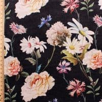 Printed Velvet - Curtains Soft Furnishings Fabric - Roses and Daisies on Black