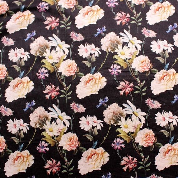 Printed Velvet - Curtains Soft Furnishings Fabric - Roses and Daisies on Black