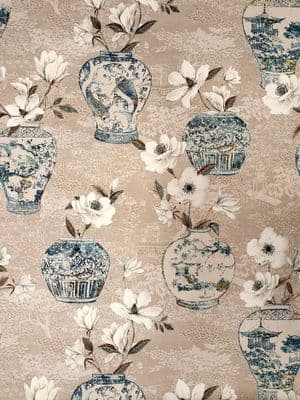Printed Velvet: Oriental vases and Magnolias:  Blue/ Taupe