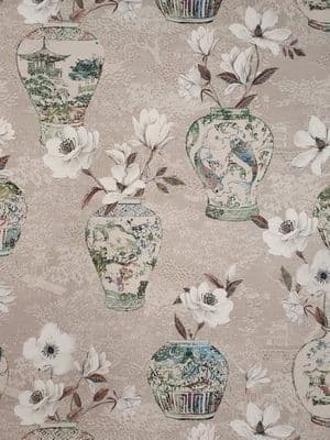 Printed Velvet:  Oriental vases and Magnolias:  Green / Taupe