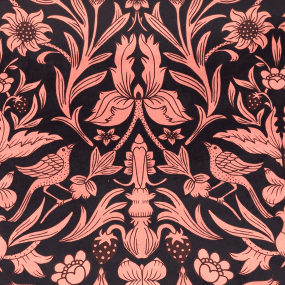 Printed Velvet: Strawberries & Birds William Morris Style Pink On Navy
