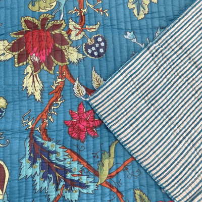 Reversible Quilted Cotton Fabric Bright Blue Floral and Stripes
