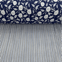 Reversible Quilted Cotton Fabrics Blue and White Floral Stripes