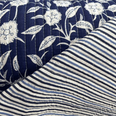 Reversible Quilted Cotton Fabrics Blue and White Floral Stripes