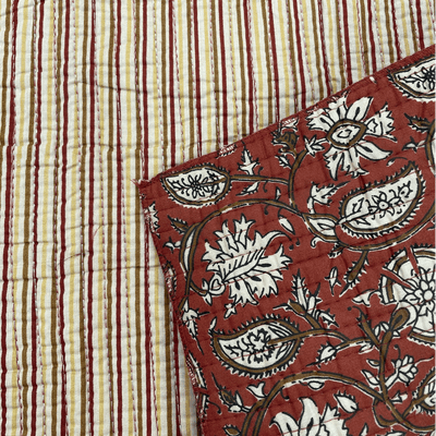 Reversible Quilted Cotton Fabrics Cream and Brown Floral Paisley on Red with stripes