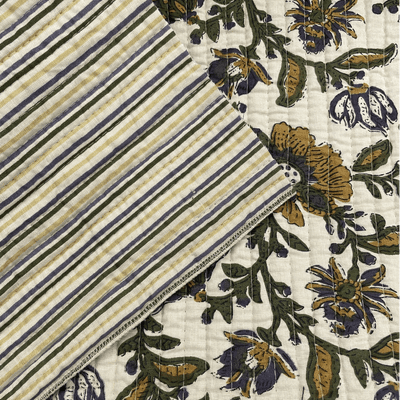 Reversible Quilted Cotton Fabrics Green Blue and Yellow Floral  Stripes