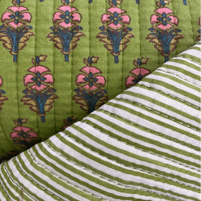 Reversible Quilted Cotton Fabrics Pink and Blue Florals on Green with Green Stripes